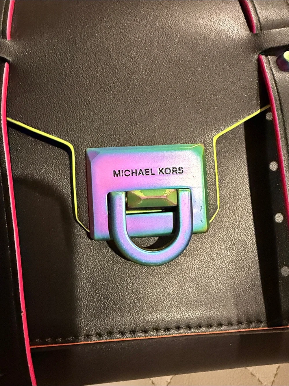 Michael Kors Black Satchel with Neon Trim and Iridescent Hardware